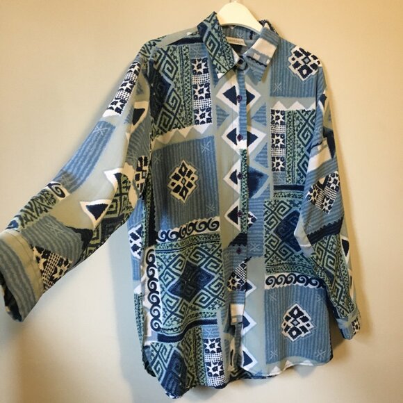 Vintage 90s Meandering Patchwork Button Up Dress Shirt - Picture 5 of 16